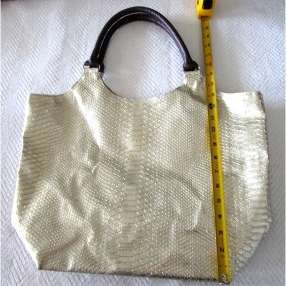 Neiman Marcus Tote-Large Shiny Gold Metallic Faux Snake Skin-Carry All Purse Bag - Picture 15 of 16